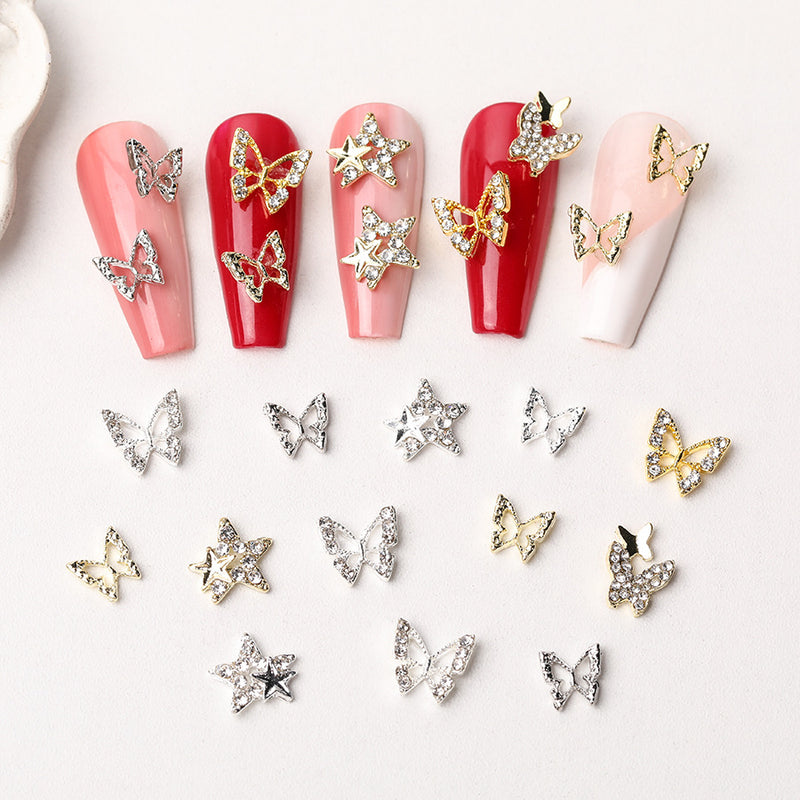 Cross-border new three-dimensional hollow butterfly manicure jewellery pentagram inlaid diamond nail DIY accessories accessories wholesale