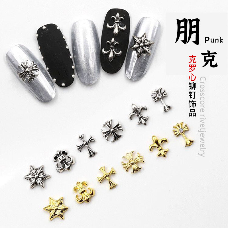 Nail retro accessories punk Luo heart alloy cross military flower hexagonal star nail nail stickers decorations