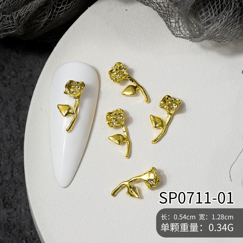 Rose metal nail jewellery light luxury gold and silver alloy three-dimensional nail pendant handmade DIY nail shop accessories