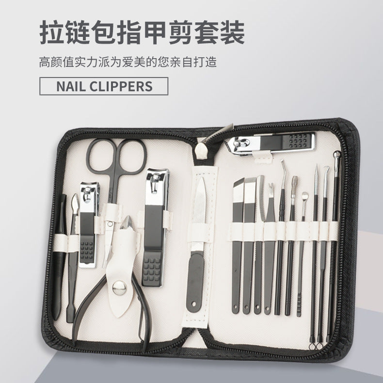 YAC003 manufacturer cross-border zipper bag stainless steel nail scissors 18-piece decoration foot knife nail ditch safety ear spoon set box