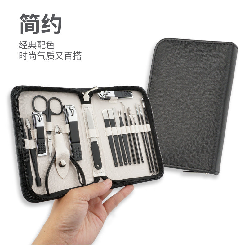 YAC003 manufacturer cross-border zipper bag stainless steel nail scissors 18-piece decoration foot knife nail ditch safety ear spoon set box