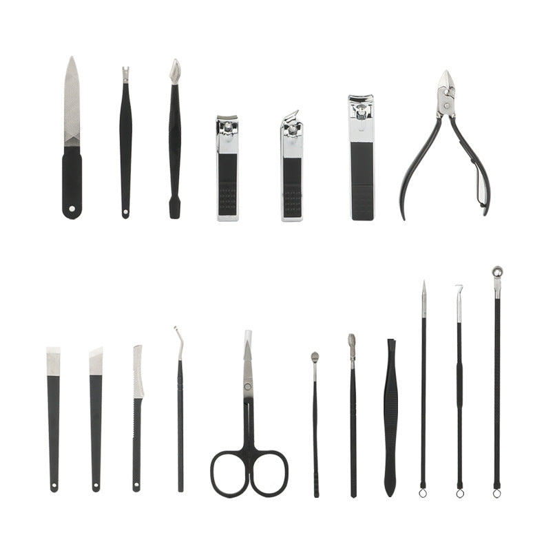 YAC003 manufacturer cross-border zipper bag stainless steel nail scissors 18-piece decoration foot knife nail ditch safety ear spoon set box