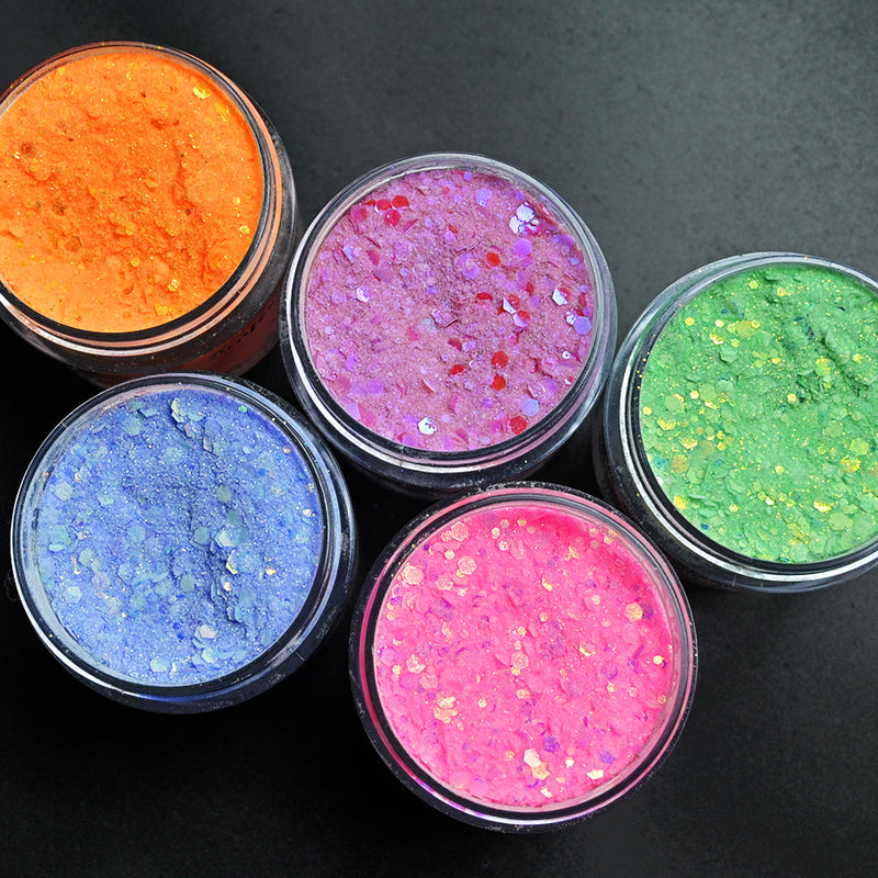 FOZ165  21 Fluorescent Acrylic Powder Glitter 1fl.oz Extension Building Rainbow Holographic Monomer Tips Polychrome Acrylic Nail FOZ165