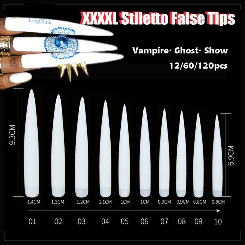 TD80 6.9-9.3CM XXXL Vampire False Tips 12/60/120 Stiletto Fake Nails For Salon,Show,MV Fingertips Lengthen Half Ghost Nail False 0-11