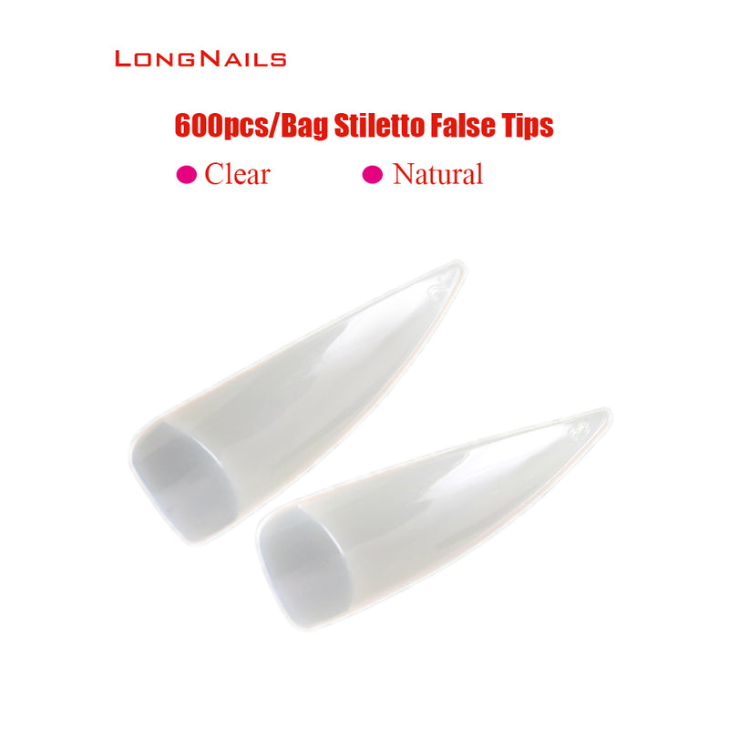 TD45 600pcs/bag Pointy Stiletto Nail False Tip Clear/Natural 3.7cm Long 10 Size (