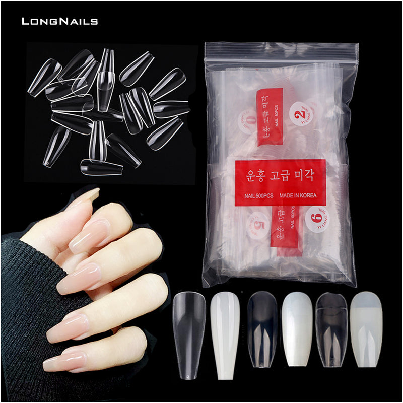 TD59 500pcs LongNails Ballet Manicure False Tips Half/Full Cover Extension Clear Ballerina ABS Press on Nail Art False Tips Tool TD59