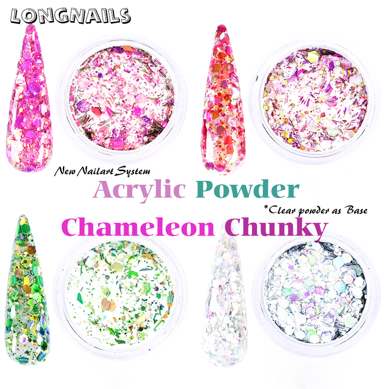 FA125 FA126 FA127 New Acrylic System Powder Dipping 2in1 Mixed Chunky Glitter 10g/box Chameleon Flashing Manicure Clear Acrylic Powder 2in1