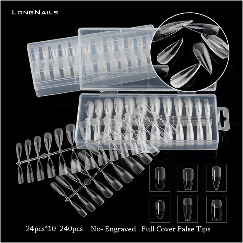 TD22 24pc*10row Clear No-Engraved Nail False Tips Semi Frosted Full Cover Finger Patches 0-11