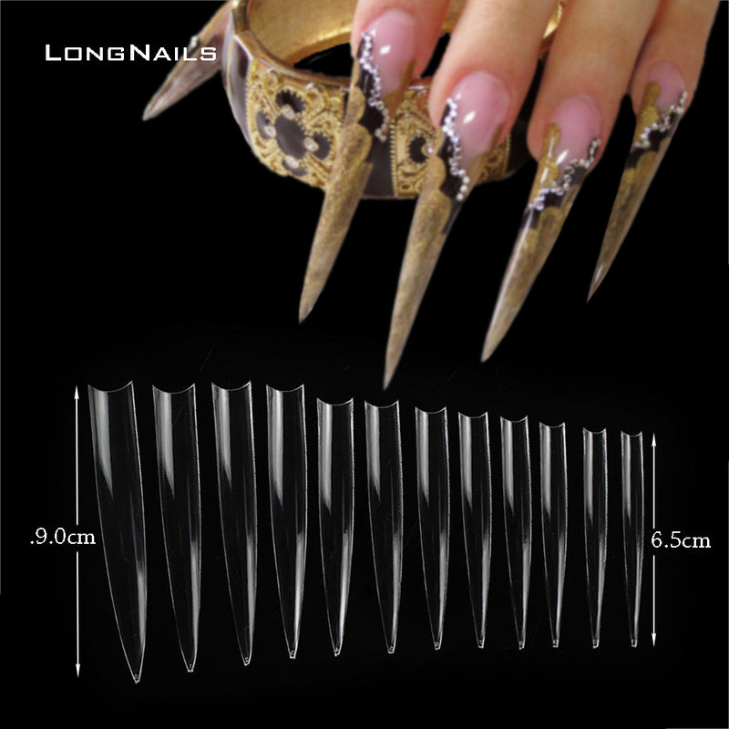 TD93 120pc/Bag Super Vampire False Tips XXXXL 9.0cm Half C-Curve Liveshow Fake Nails Clear Stiletto Salon Supply Nail Fake Tips 0-11