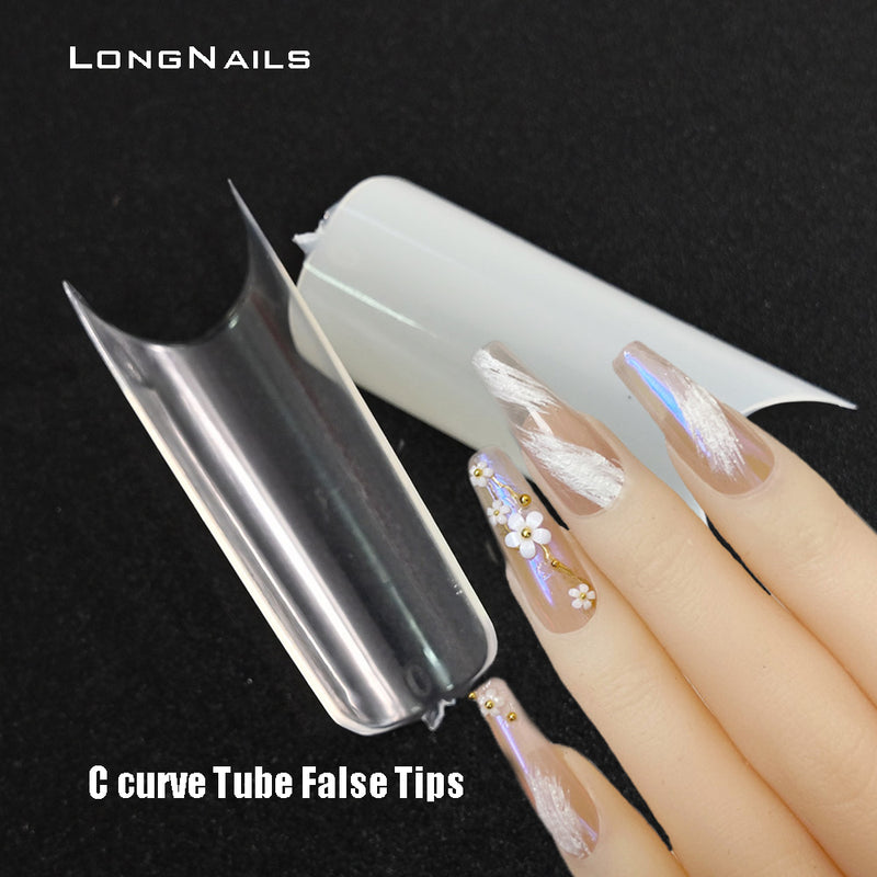 TD12 11size(0+, 9) LongNails False Nail Tips "C" Curve Tube 550pcs Clear/Nature Fake ABS Base Half Acrylic Extend False Nail 2.1-3.0c