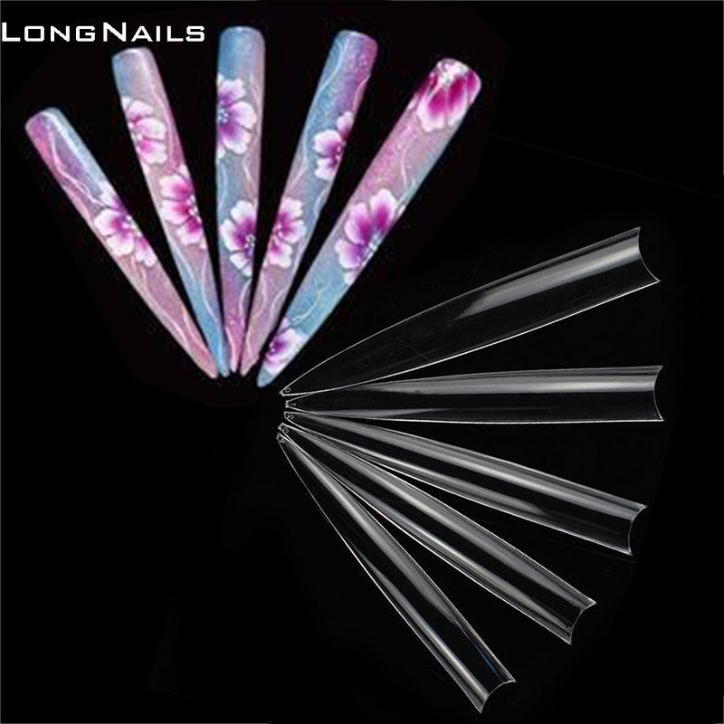 TD93 120pc/Bag Super Vampire False Tips XXXXL 9.0cm Half C-Curve Liveshow Fake Nails Clear Stiletto Salon Supply Nail Fake Tips 0-11