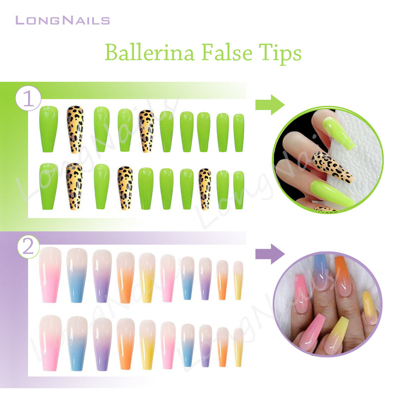 TD85 20pcs Summer Fluorescent-Green Coffin Fake Nails 26.5-32.5mm Ballerina ABS Leopard 0-9