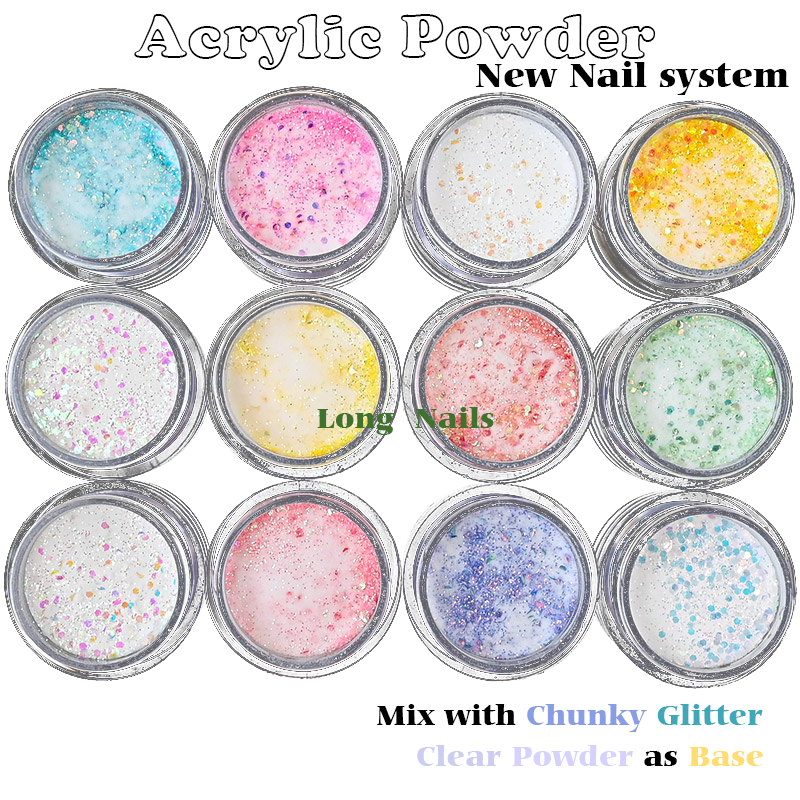 FA125 FA126 FA127 New Acrylic System Powder Dipping 2in1 Mixed Chunky Glitter 10g/box Chameleon Flashing Manicure Clear Acrylic Powder 2in1