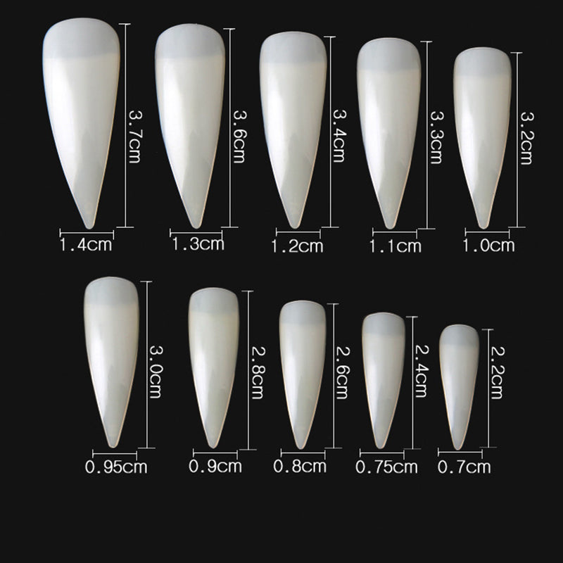 TD45 600pcs/bag Pointy Stiletto Nail False Tip Clear/Natural 3.7cm Long 10 Size (